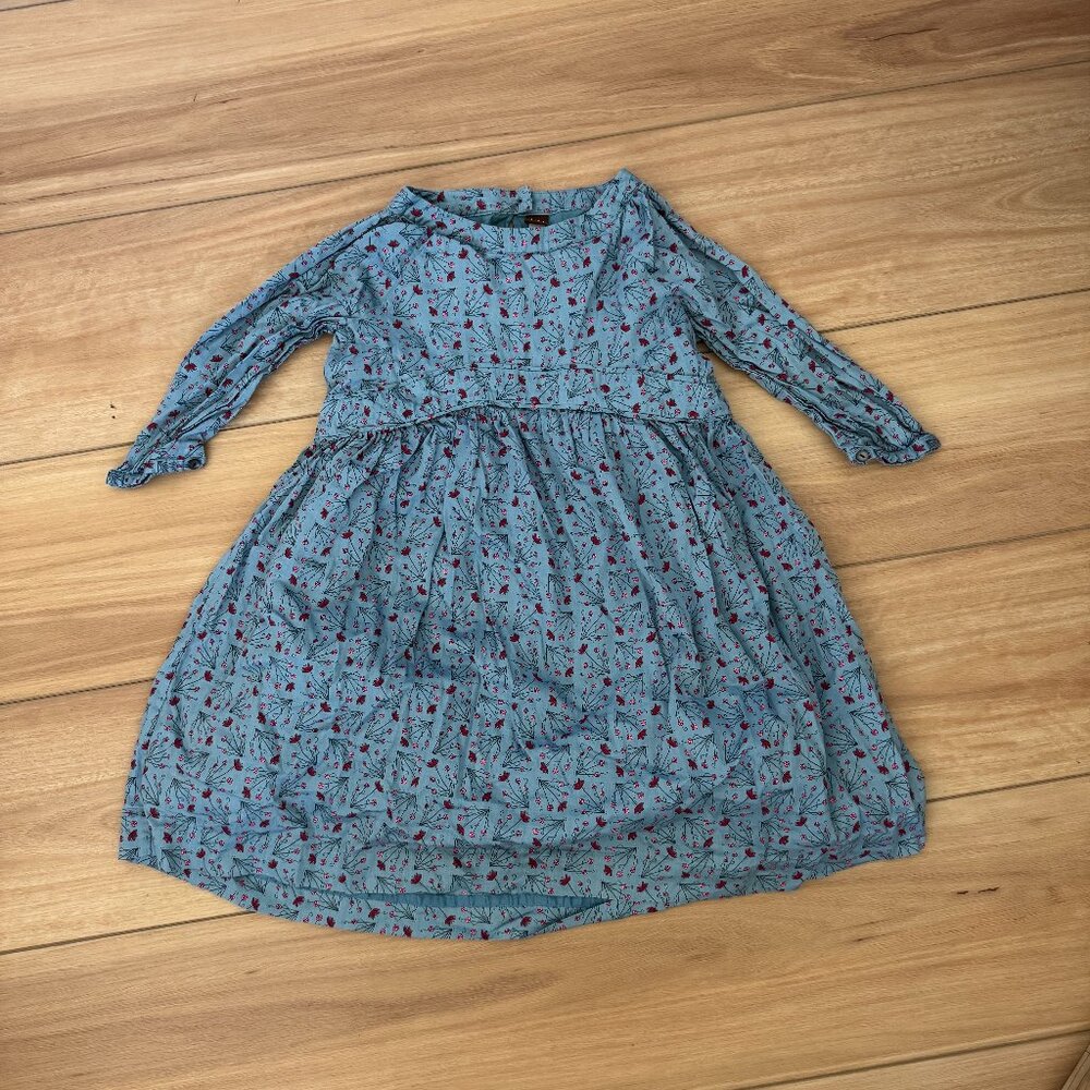 Tea Collection Girls Denim Blue Dress with Flowers - Size 10